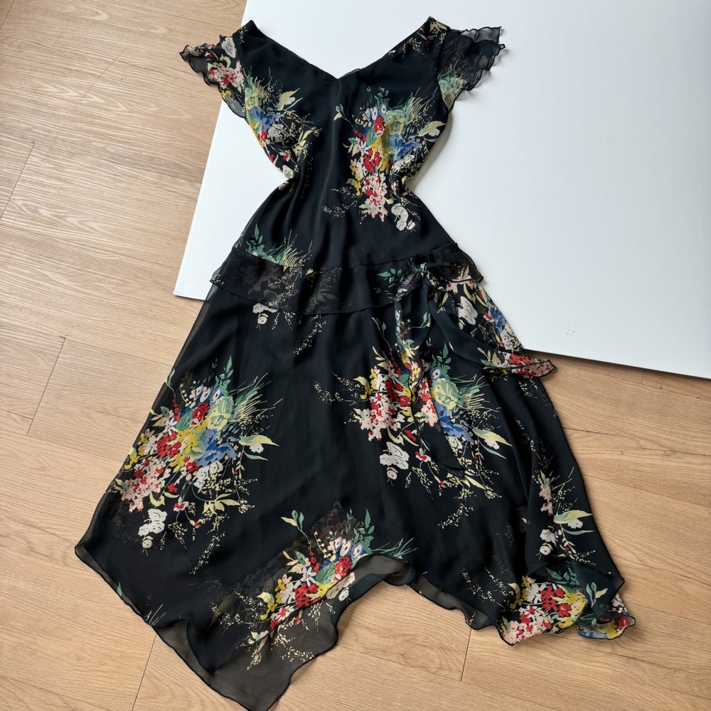 Dress Barn Vintage Y2K Floral Black Chiffon Handkerchief Hem Midi Dress Size 14
